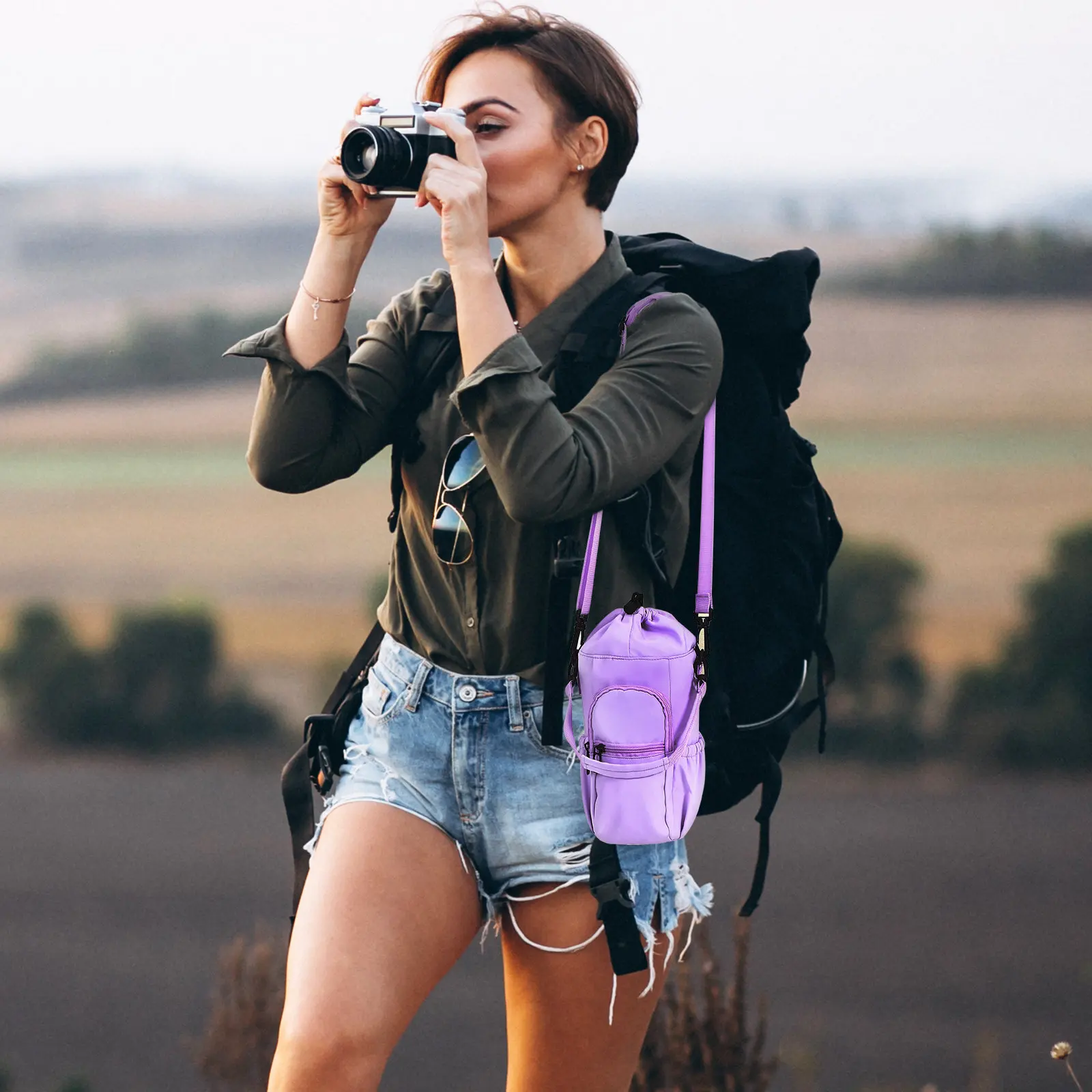 

Water Bottle Bag Drawstring Insulated Carrier Outdoor Hiking Camping Portable Pouch with Double Straps Extra Storage for Phone
