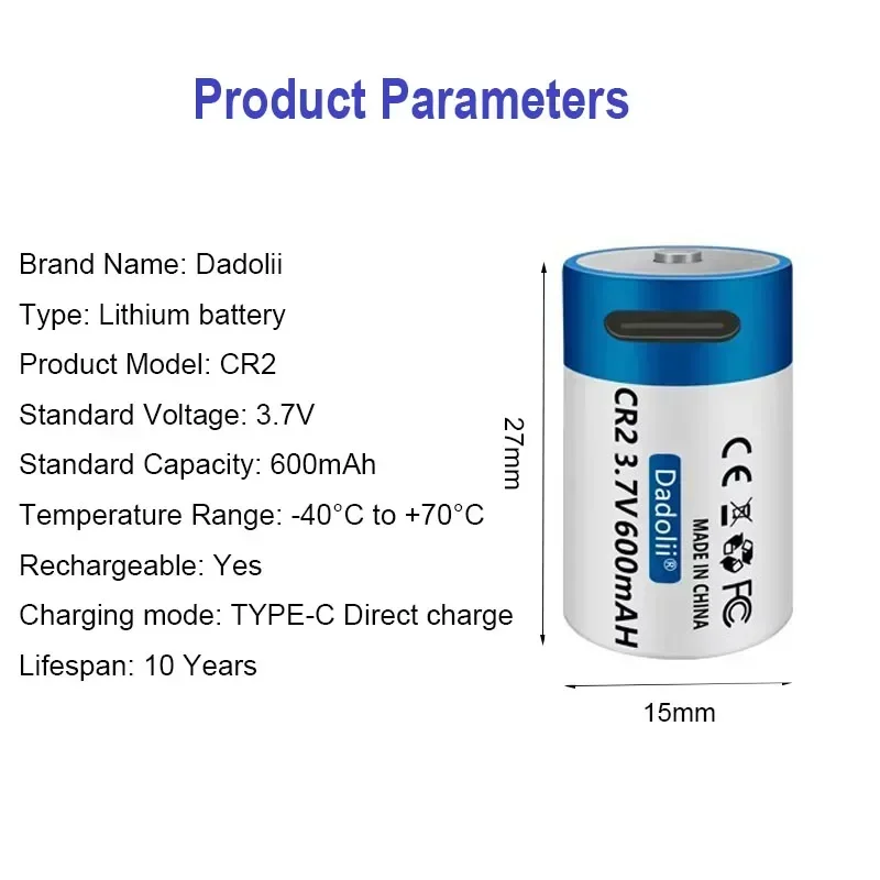 NEW 3.7V CR2 600mah Rechargeable Li-Ion Battery for Digital Camera,GPS Security , Medical Equipment USB Fast Charging Port Cable