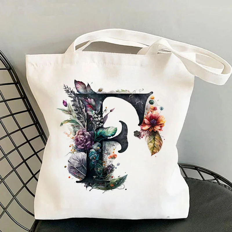 26 Black Alphabet  Flower Tote Bags for Women Large Capacity Canvas Casual New Shopping Printed Reusable Handbag