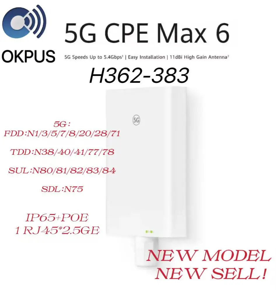 OKPUS HuA Wei 5G CPE Max 6 H362-383 Desbloquee enrutador 5G CPE de alta velocidad de hasta 5,4 Gbps, WI-FI 6, cobertura de doble banda con 11dbi de alto