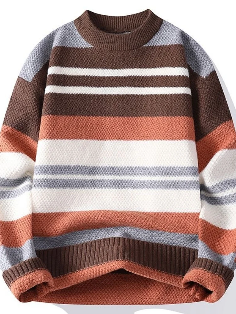 New Autumn/Winter Thickened Warm Windproof Striped Knitwear Men's Casual Loose Sports Plus Size High Quality Sweater M-4XL