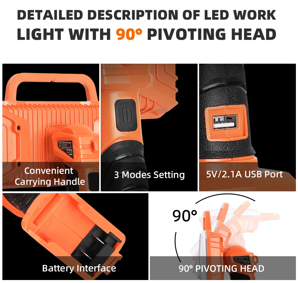 40W 4200LM LED Work Light For Black&Decker 20V USB Port 3 Modes 90° Pivot (Battery Not Included)