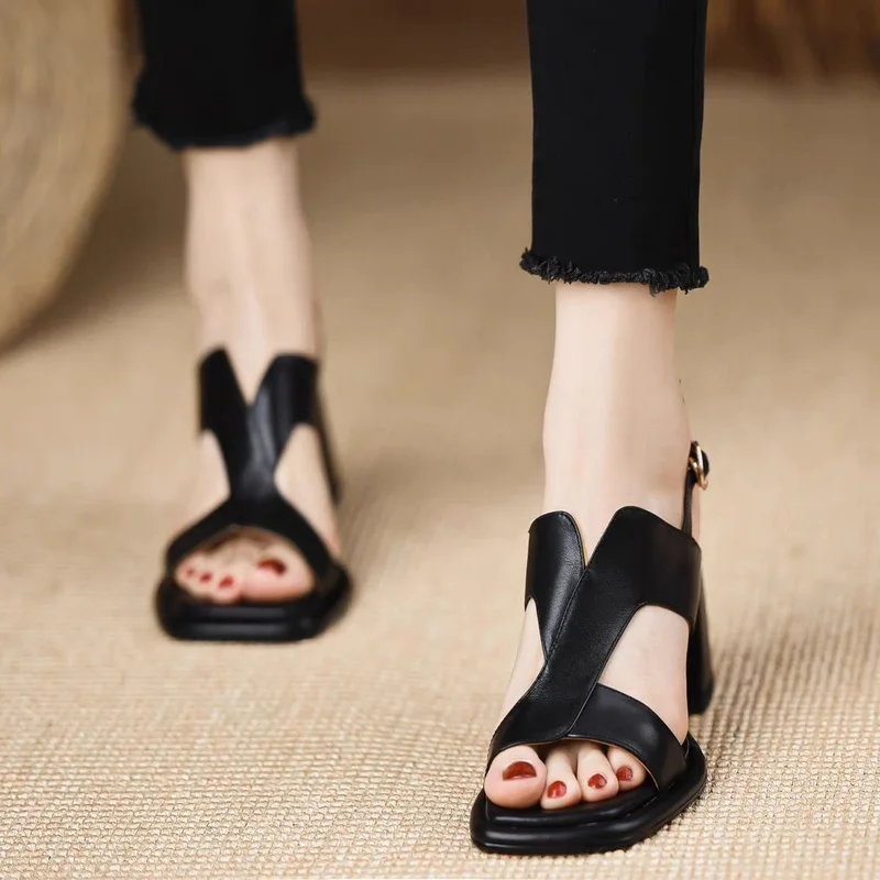 2024 New Women High Heels Sandals Soft Summer Gladiator Shoes Open Toe Retro Style Slip On Black Brown 35-39 Dropship