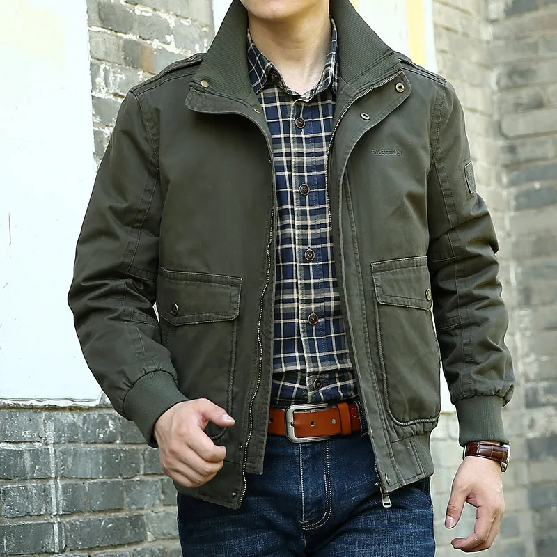 

Мужская повседневная куртка из чистого хлопка свободного кроя с флисовой подкладкой, воротником-стойкой и множеством карманов для осени и зимы