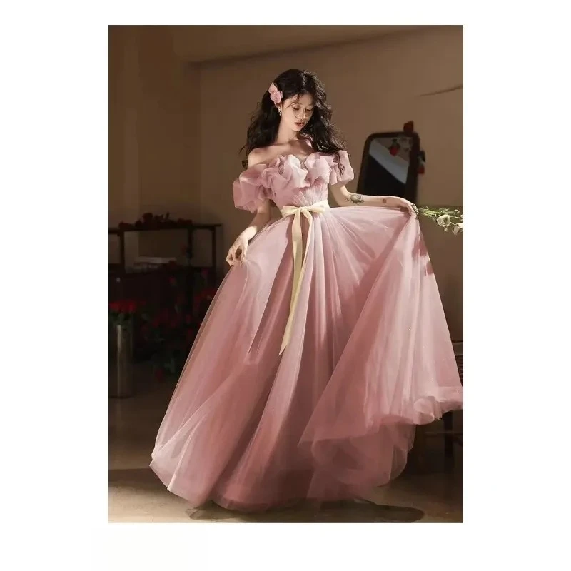 Светло-зеленое длинное платье с открытыми плечами для леди и девочек, женское платье принцессы для банкета, бала, выпускного вечера, платье для выступлений