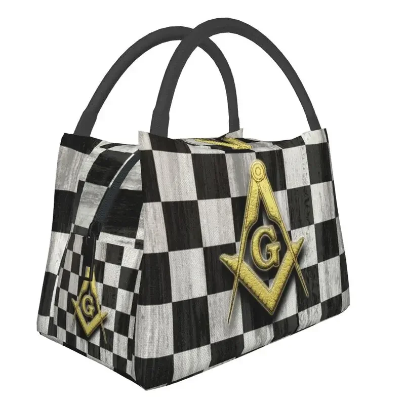 Square Compass And Checkers Masonic Portable Lunch Boxes for Women Leakproof Freemason Cooler Thermal Food Insulated  Bag