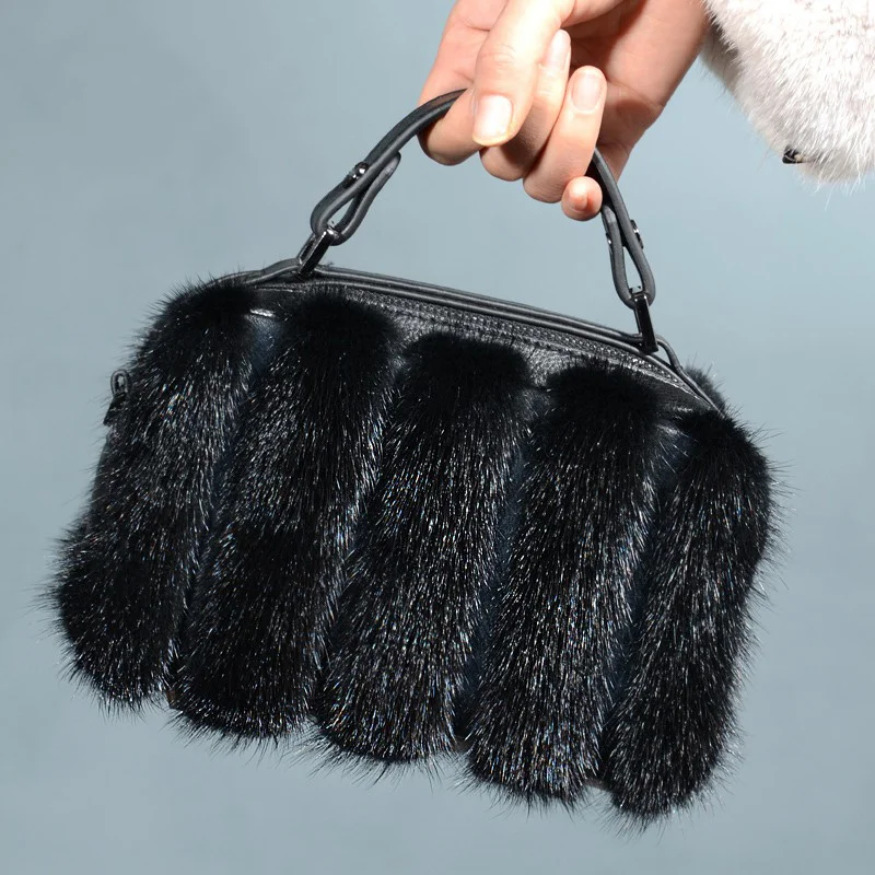 Europe and America New Mink Hair Small Square Bag Double Zipper Women's Casual Leather Shoulder Bag High-end Banquet Clutch Bag