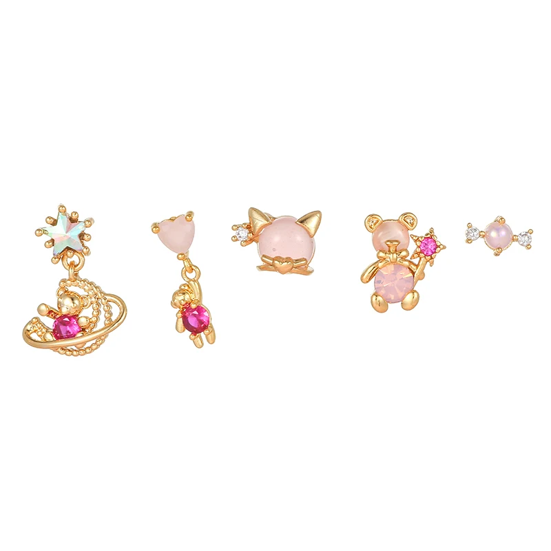 

5pcs Exquisite Cartoon Bear Dangle Earrings for Women Pink Zircon Piercing Cute Cat Stud Earrings Gift Fashion Jewelry Wholesale
