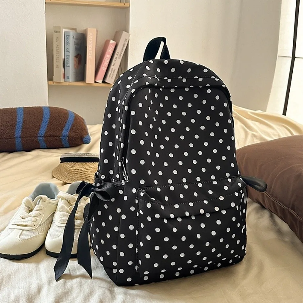 French Style Polka Dot Backpack Polka Dot Pattern Lightweight Construction Lightweight School Bag Bow Ribbon Design