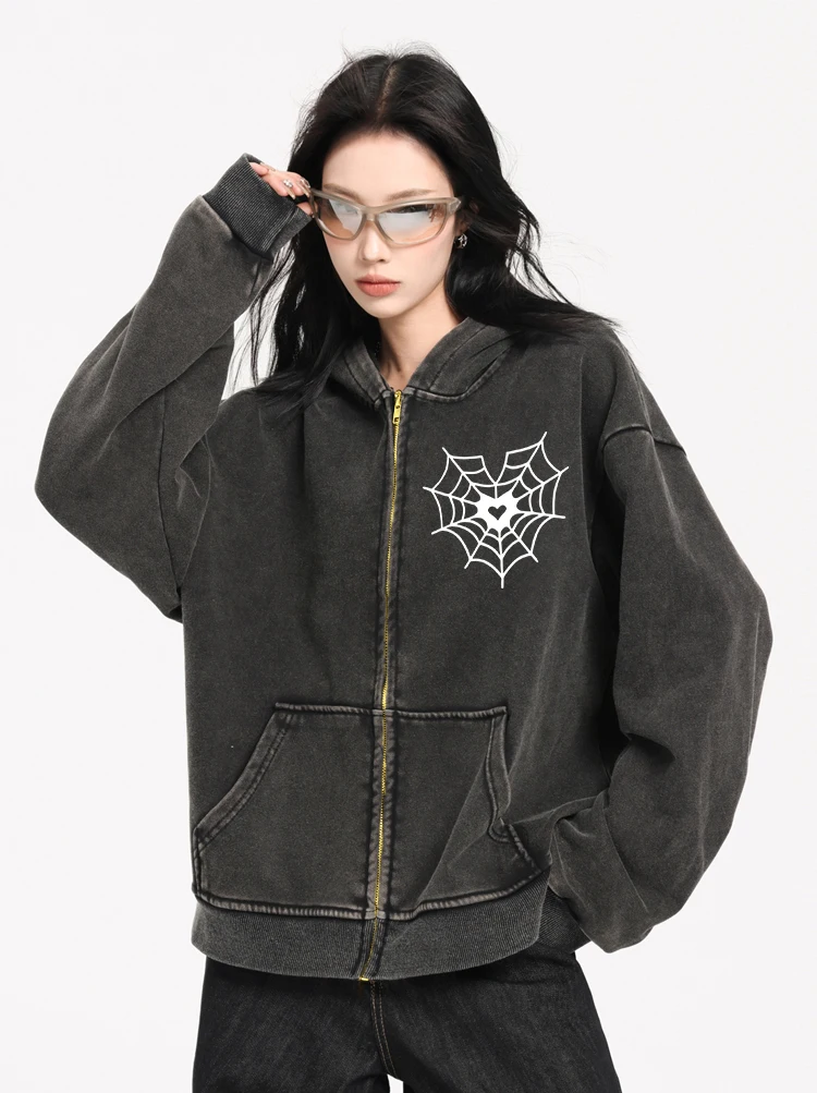 Love Spider Web Print Woman Washed Zipper Hooded Casual Oversize Streetwear Autumn Loose Hoodie Cotton Female Sportswear