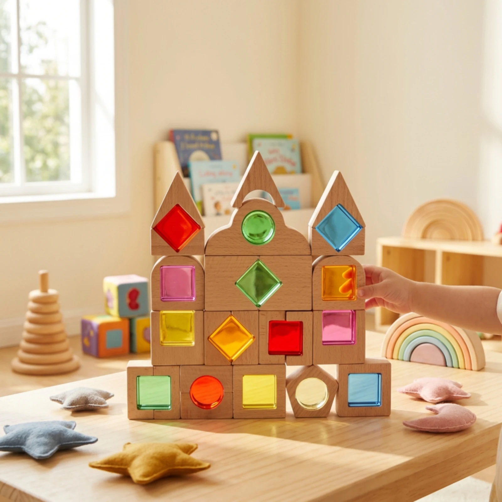 Wooden Building Toy with Acrylic Inserts Translucent Sensory Blocks with Colored Panels Geometric Blocks with Acrylic