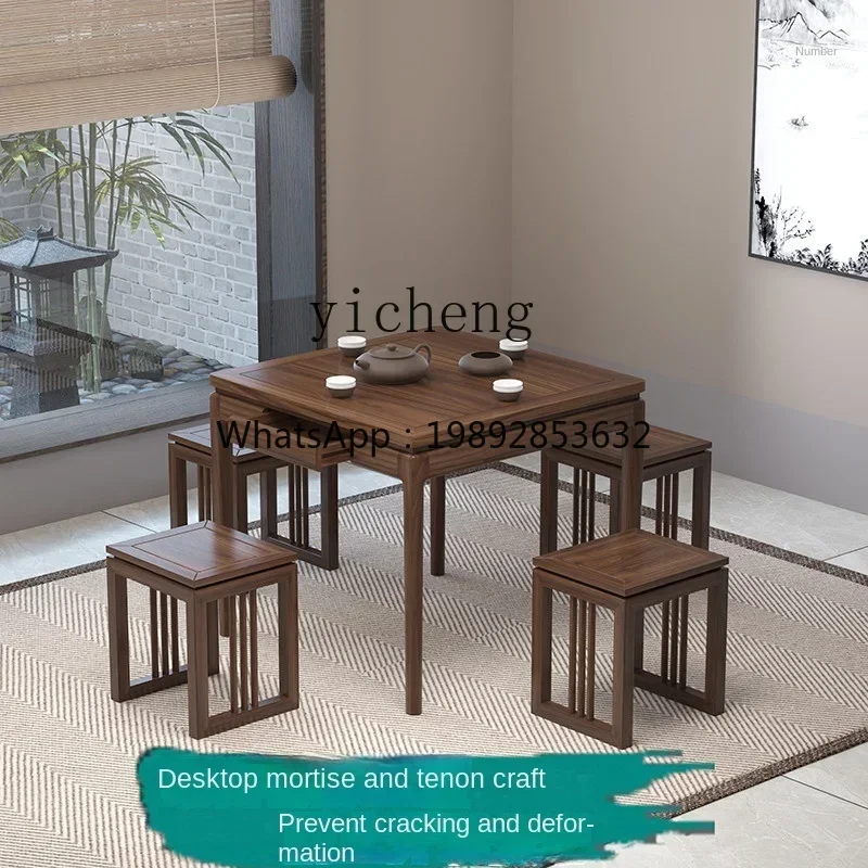 

AB Chinese Style Old Elm Old-Fashioned Square Table for Eight People Solid Wood Simple Square Dining Tables and Chairs Set