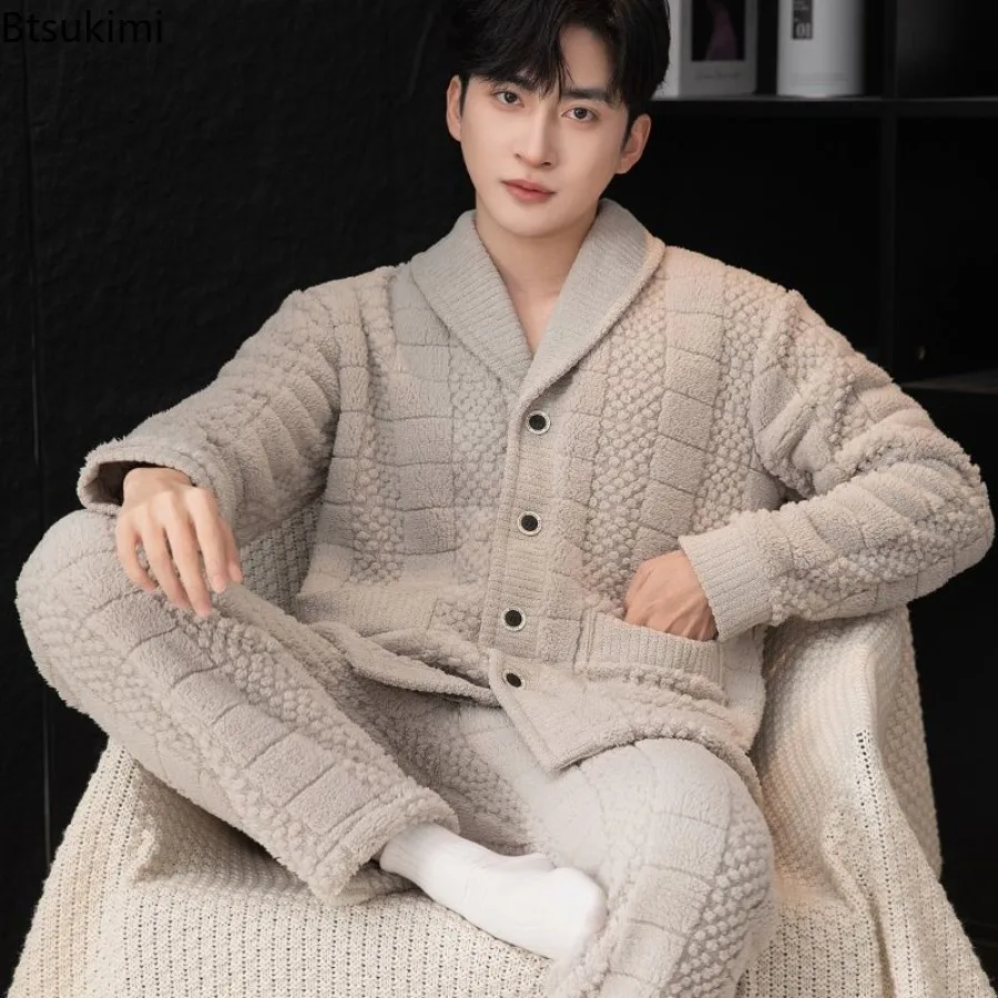 

New Men's Flannel Pajama Sets Autumn and Winter Thicken Warm Loose Casual Homewear Coral Velvet Tops+Pants Male Nightweat Suit