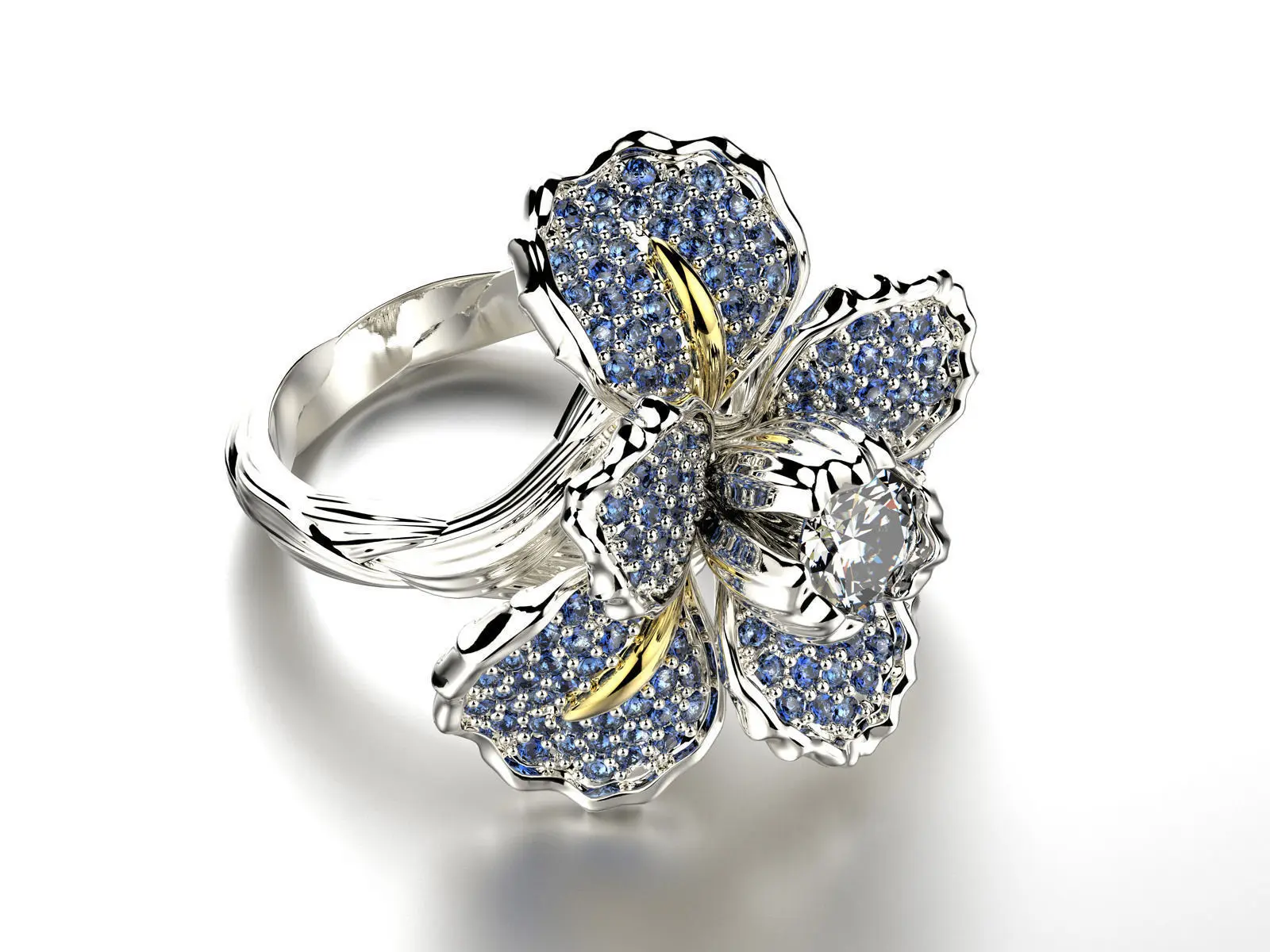 S925 Sterling Silber Zweifarbiger Ring mit Mikro-Pavé-Diamanten und Blauer Topas-Blume, Perfekt für den Alltag und Dates – Detail 3
