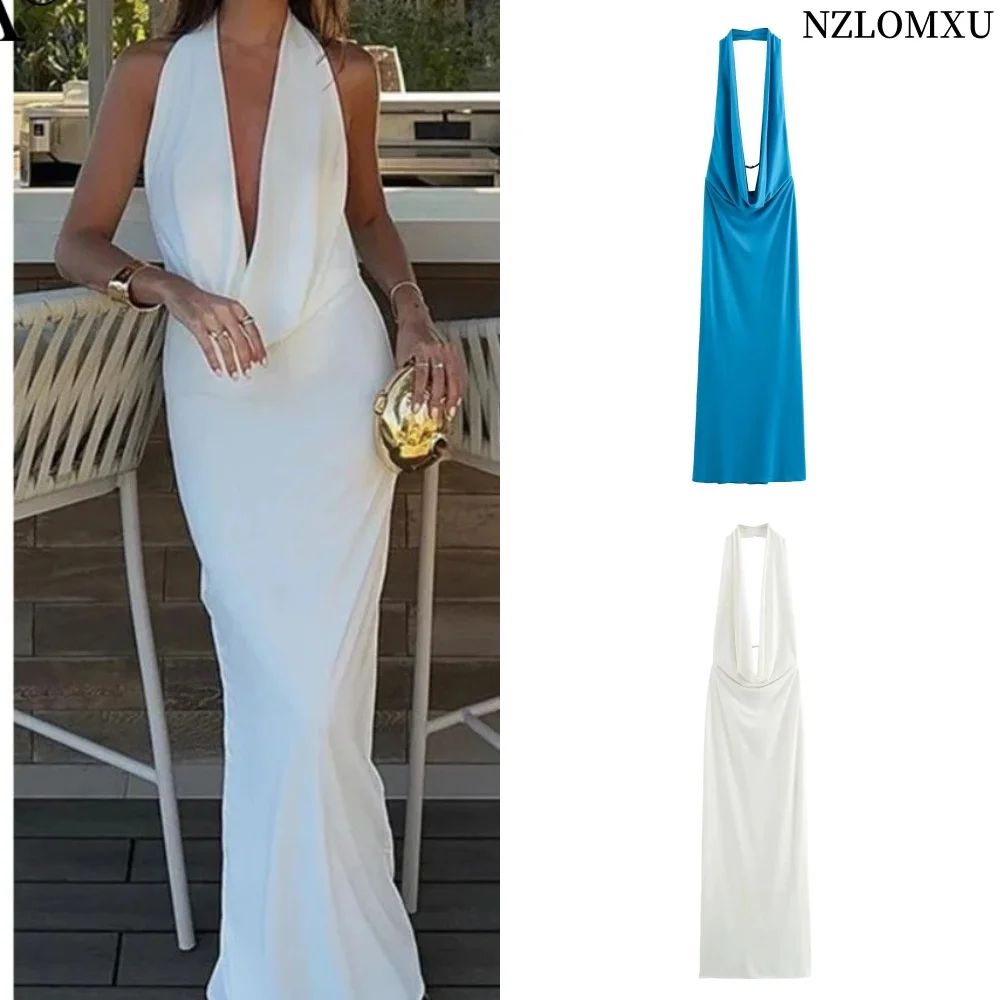 2024 Woman Halter Off Shoulder Backless Long Dress Female Folded Decoration Hanging Neck V-neck Open Back Evening Dress