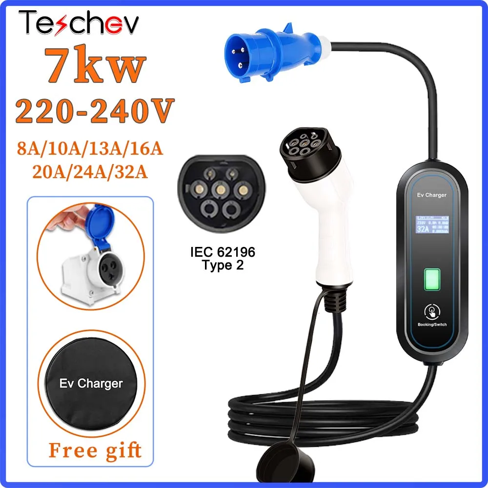 

New Level 2 EV Charger GBT/Type 1/Type 2 8A/10A/13A/16A/20A/24A/32A 1P 7KW Wallbox Cable 5m For Electric Vehicle China Cars