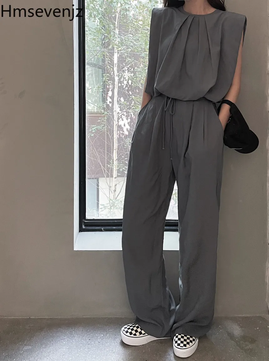 Hmsevenjz Casual กางเกงชุดสตรีฤดูร้อนเสื้อกั๊กเสื้อเอวสูง LACE-up กางเกงขากว้าง 2 ชิ้นชุด
