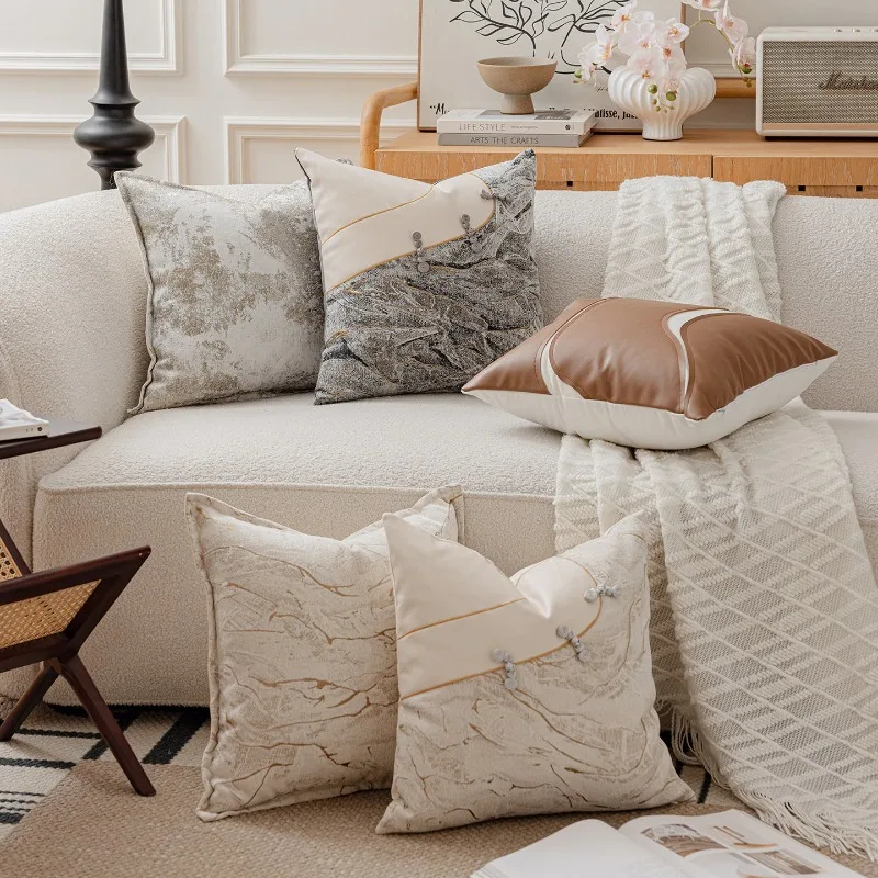 Chinese Luxury High-end Buckle Cushion Cover Premium PU Leather Patchwork Pillow Cover Beige Gray Texture Home Decor Pillowcase