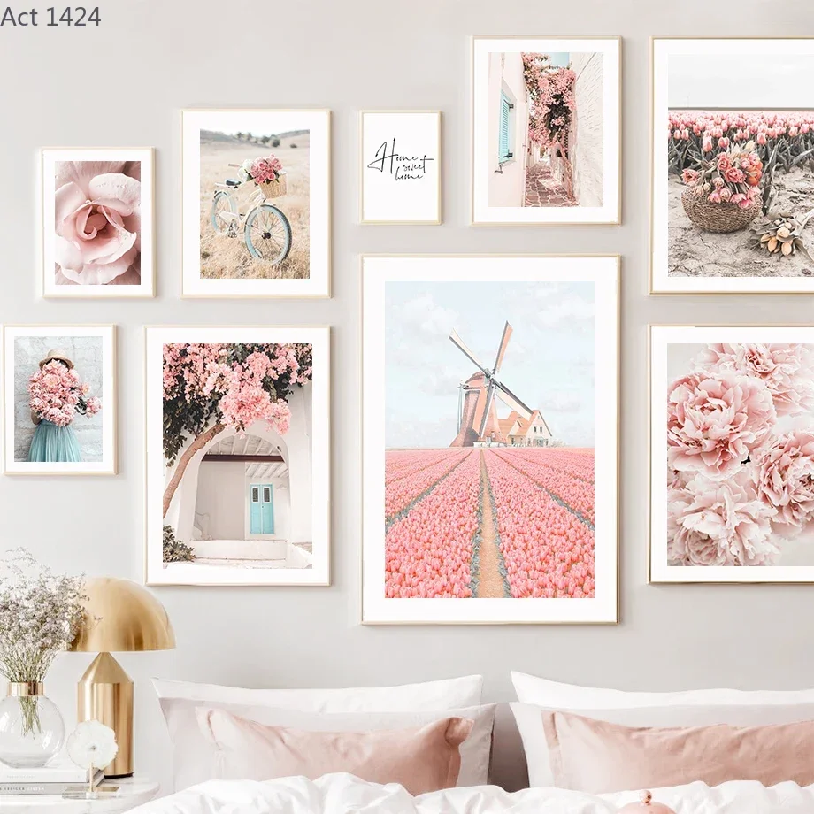 Pink Lily Rose Peony Girl Flowers Wall Art Canvas Painting Nordic Posters and Prints Pictures for Living Room Bedroom Home De