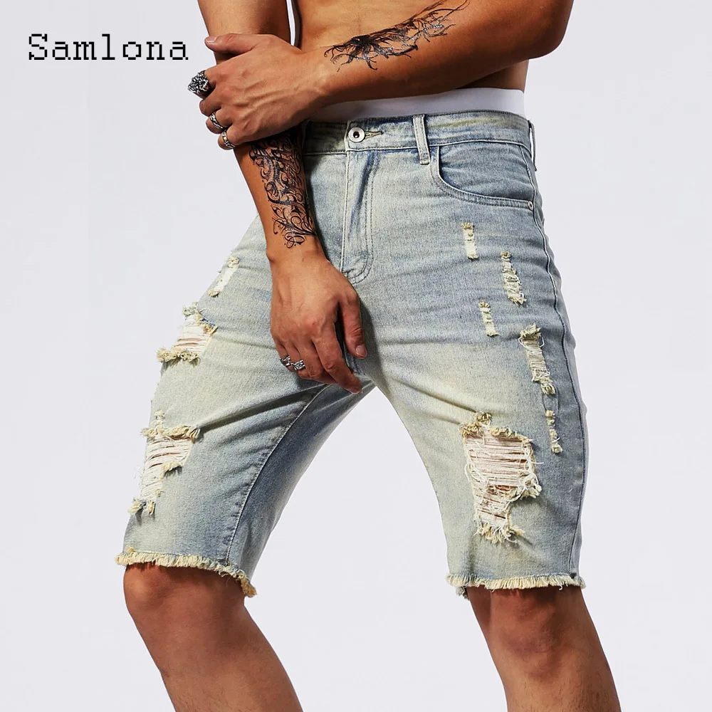 Men Fashion Short Jeans Mid Waist Skinny Denim Knee-Length Pants Mens Vintage Hole Ripped Jean Bottoms Male Stand Pocket Shorts