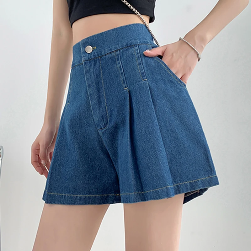 Hohe Taille weites Bein Jeans Frauen übergroße elastische Taille plissiert blau hübschen Stil Mode Taschen rock lässige Shorts Röcke