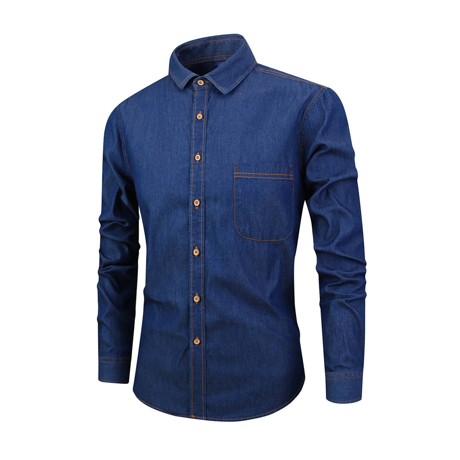 

Autumn New Male Denim Shirt Solid Color Single Pocket Casual Button Down Long Sleeve Shirt Spring Jeans Tooling Shirt For Men