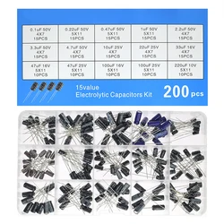 200pcs Radial Capacitors Set 15Values 10V 16V 25V 50V 0.1uF-220uF Electrolytic Capacitor Assortment Kit 0.22uf 2.2uf 100uf