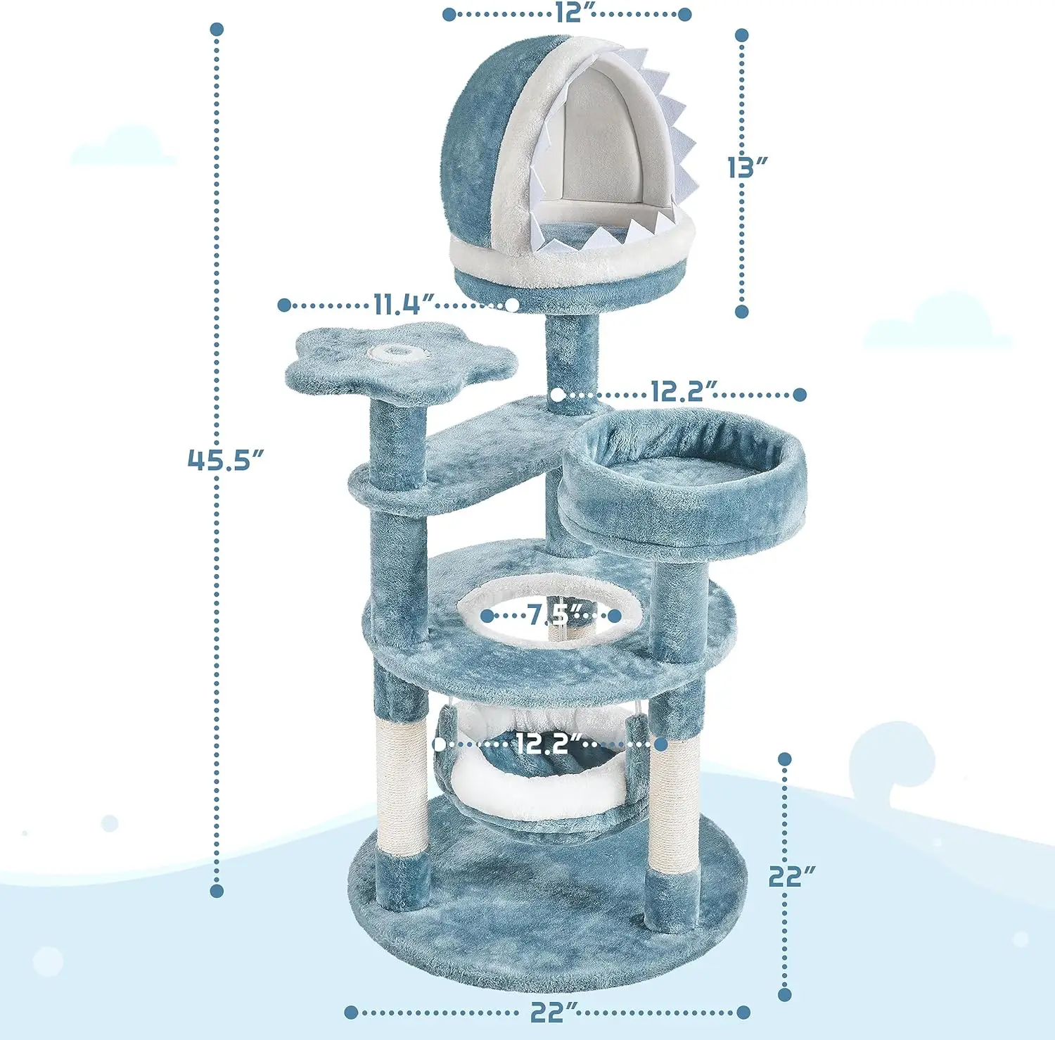 45.5in Ocean-Themed Cat Tree Multi-Level Cat Tower, Plush Cat Furniture with Shark's Mouth-Shaped Nest, Sea Star-Shaped Perch