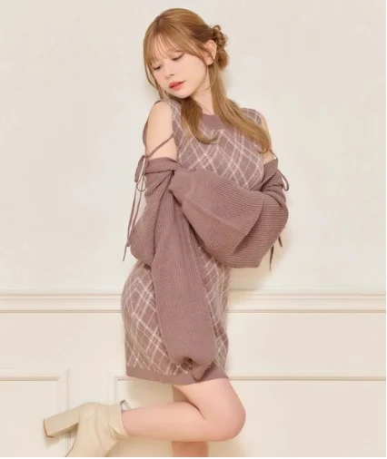 Autumn Winter Elegant Sets Japanese Style Sweet Cross-Border Knit Suit Cover-Up + Slim Fit Knitted Dress Set for Women