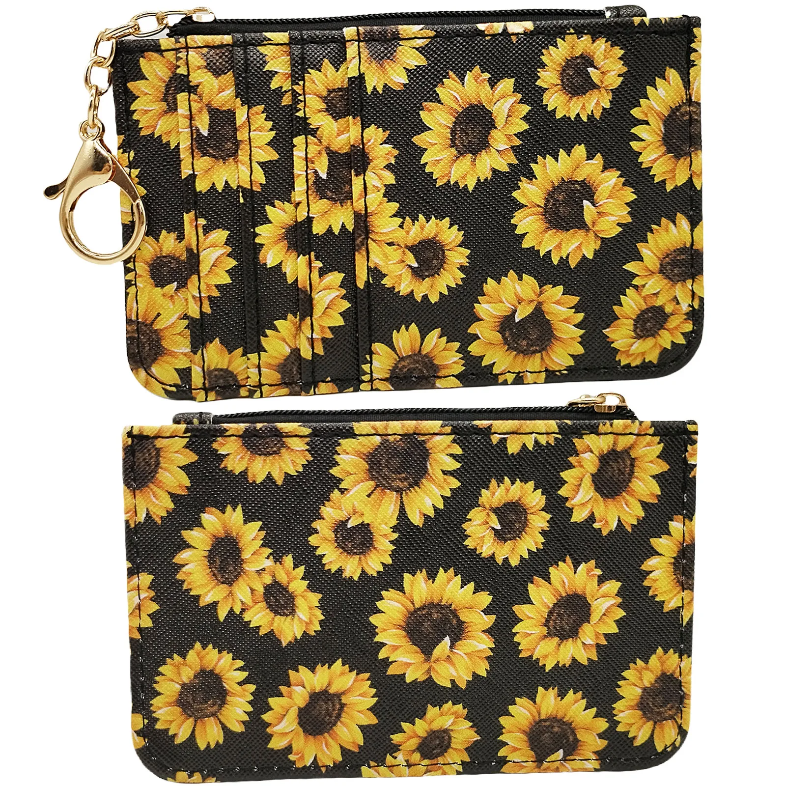 Sunflower Slim Credit Card Holder,Small Front Pocket Wallet with Keychian for Women Thin Small Zipper Coin Purse Gifts for Girls