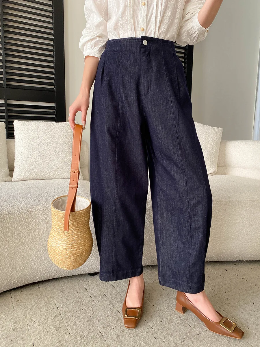 

Spring women's casual solid color retro semi elastic high waist slimming curved knife wide leg jeans