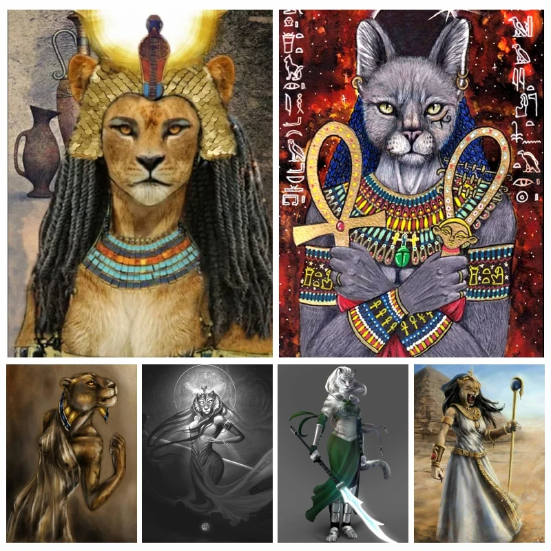 

Ancient Egyptian Sekhmet Goddess And Bastet Diamond Rhinestone Painting AB Drills Egypt Mythology Art Cross Stitch Mosaic Decor