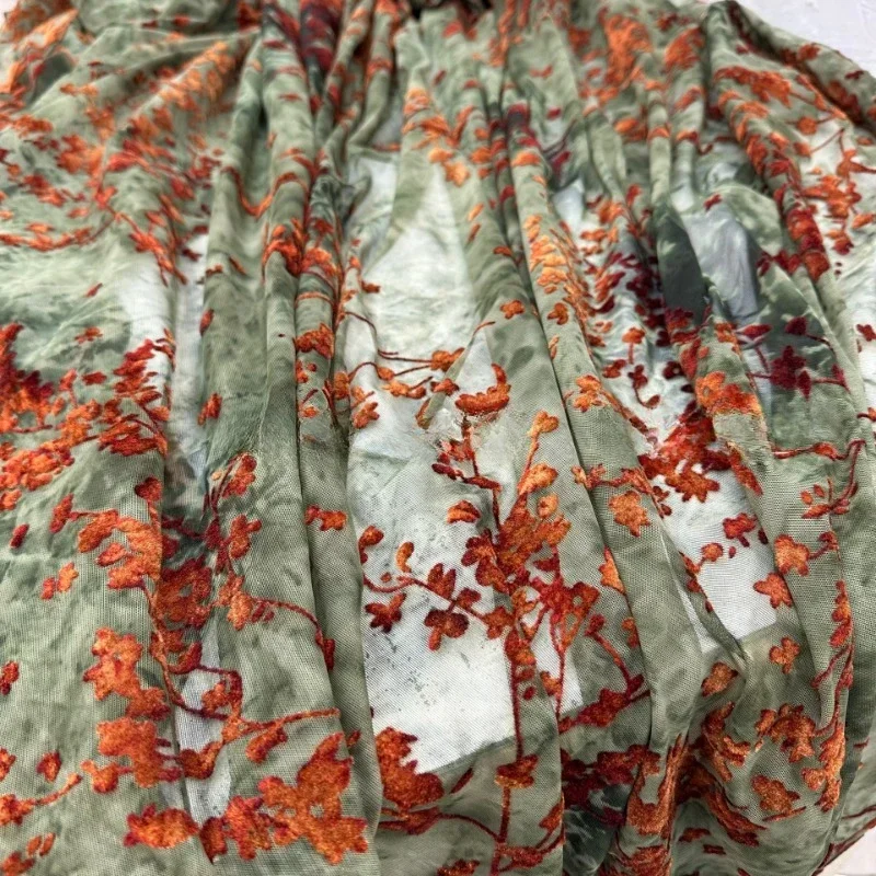 Green Brocade Jacquard Burnout Velour Tulle Fabrics Saree Dirac Lace Flocking Mesh Fabric for DIY Sewing Dress By The Yard