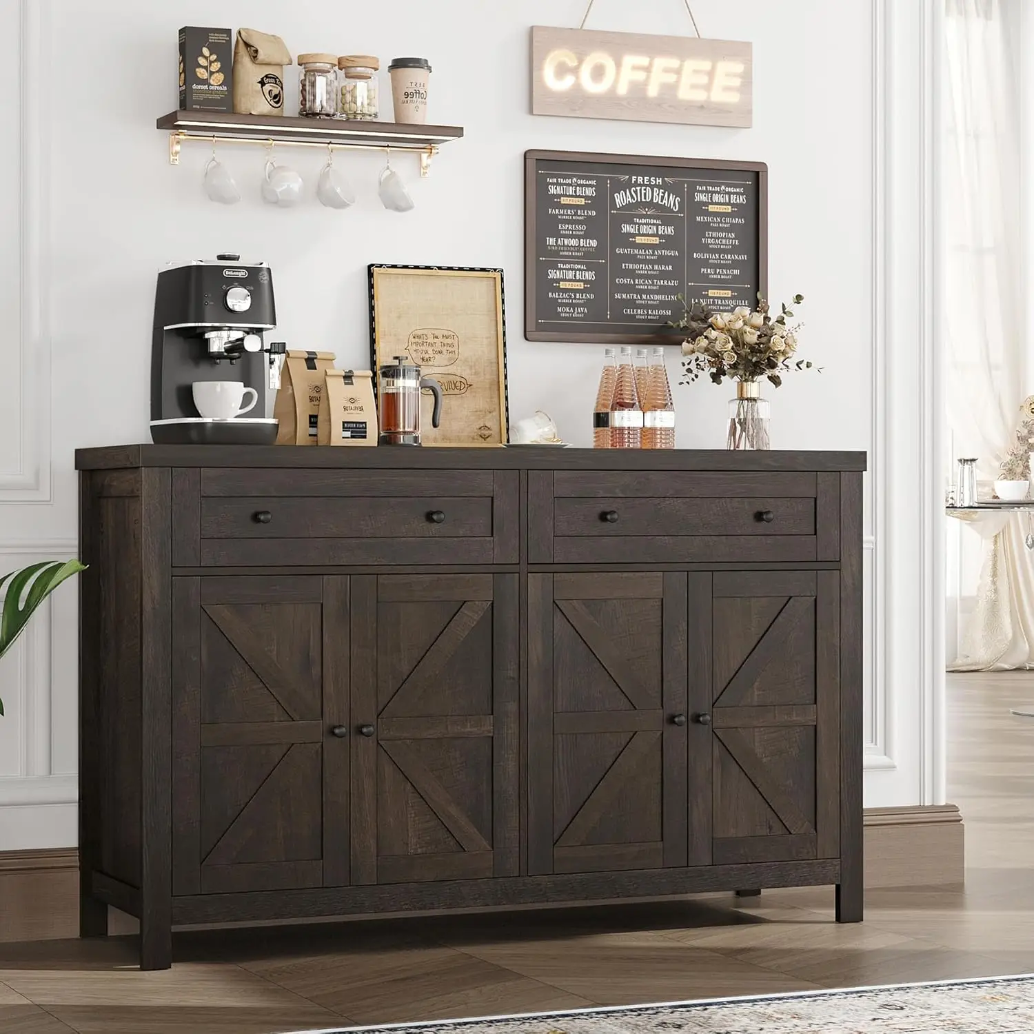 

Buffet Sideboard Cabinet with Storage, Modern Farmhouse Coffee Bar Cabinet with Drawers and Shelves