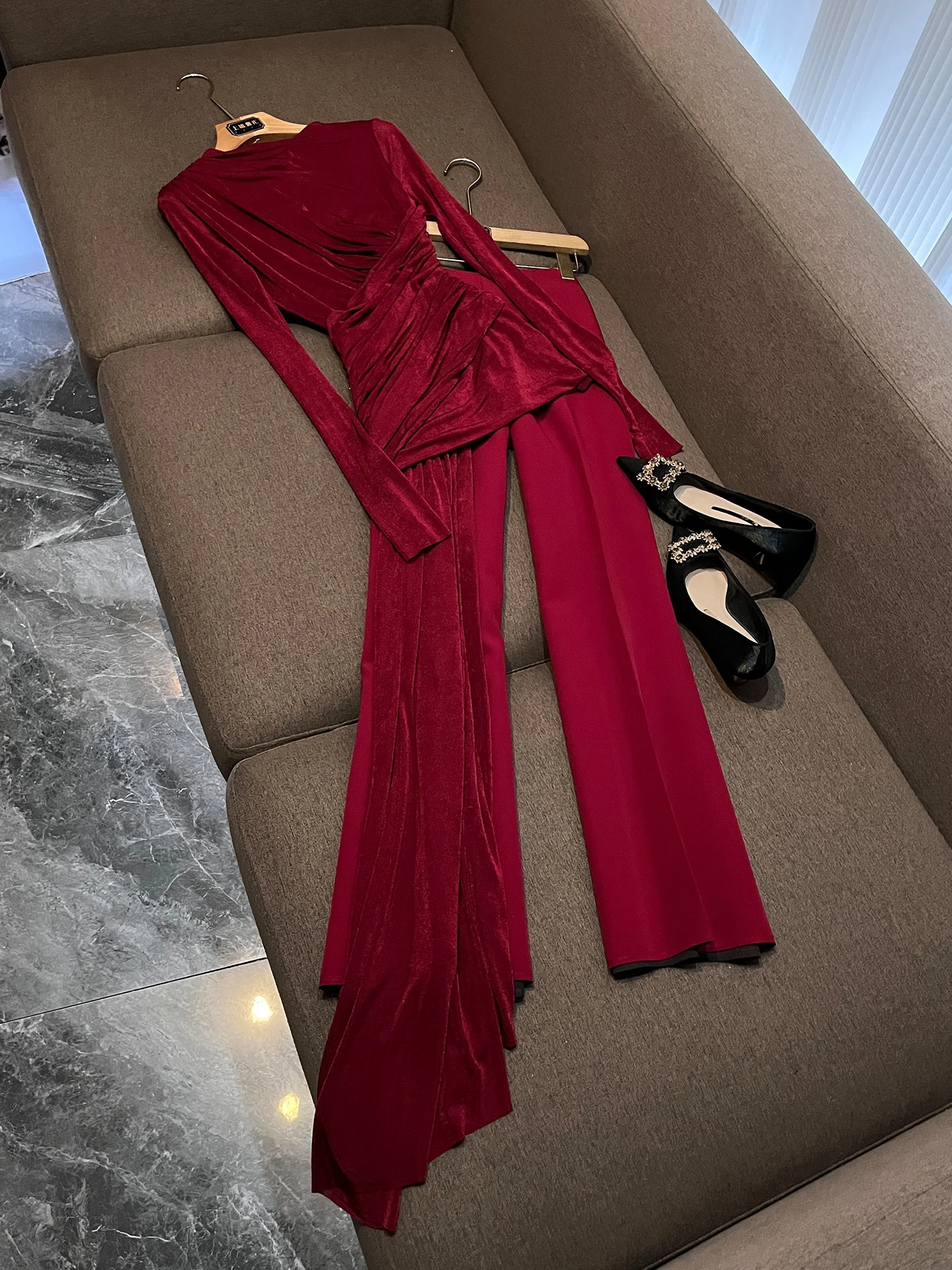 

Simple Two-Piece Set Spring 2026 Asymmetrical Tummy Control Long Pants Wrap Neck Long Sleeve Lace Shirt Women's Fashion