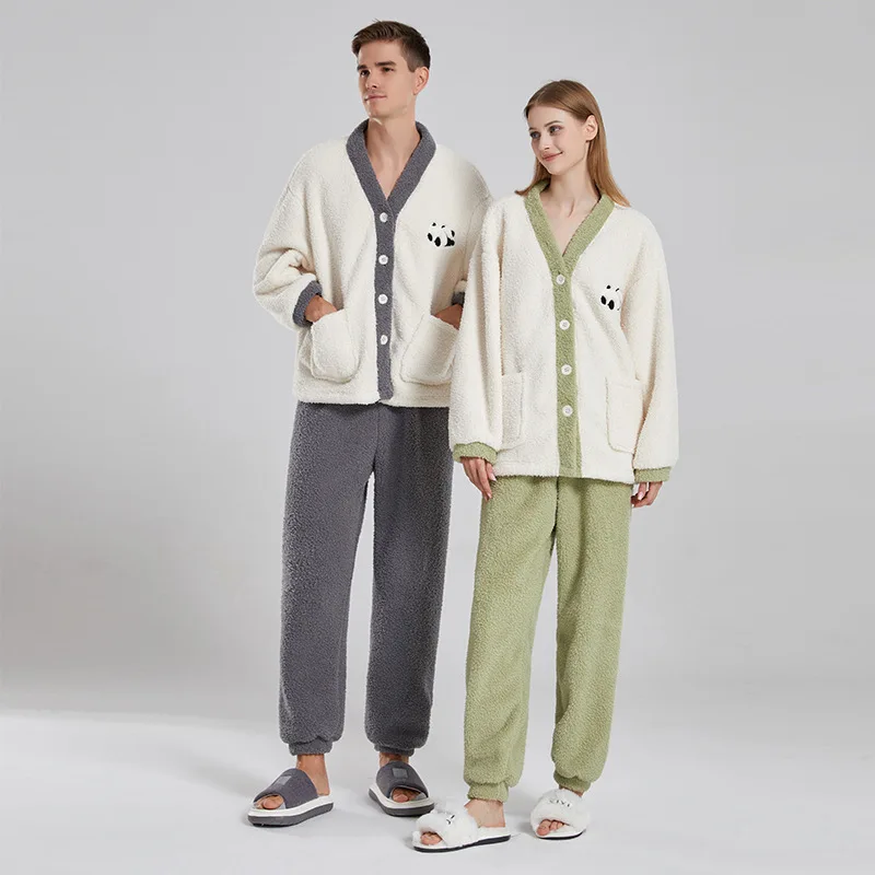 Couple Pajamas Female Winter Coral Fleece Thickened Loungewear Soft Cartoon Panda Couple Pajamas Thick And Warm Women Underwear