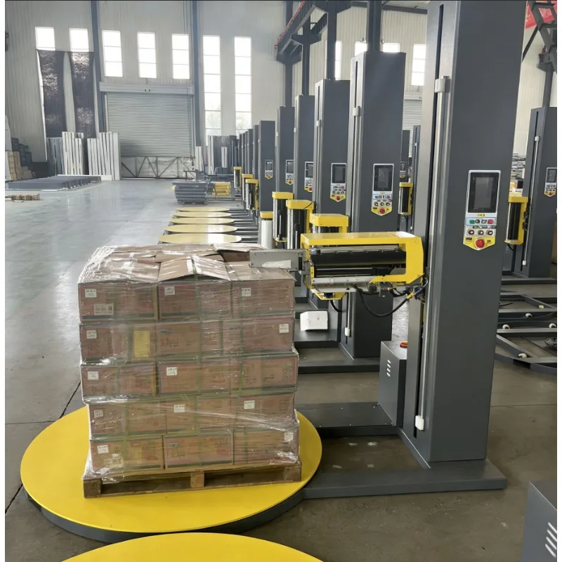 2026 New Automatic Pallet Stretch Wrapper with Pneumatic Press Top 300% Pre-Stretch PLC HMI Film Saving Machine