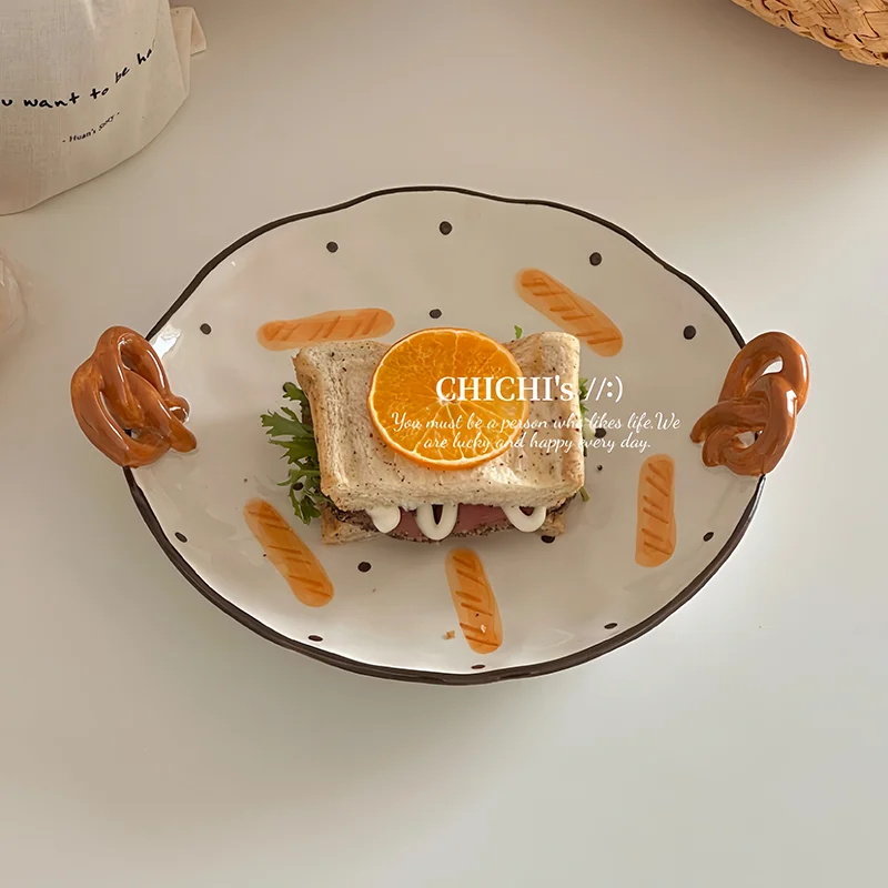 Cute Handle Ceramic Plate Korean Polka Dot Household Dessert Plate Creative Ins Style Color Blocking Breakfast Tableware