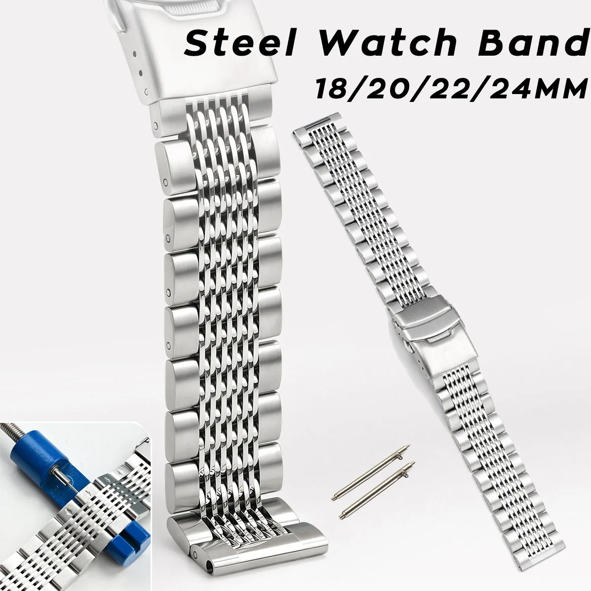 18mm 20mm 22mm 24mm Quick Release Stainless Steel Watch Strap for Men Women Universal Multi Beads Watch Bracelet with Tool