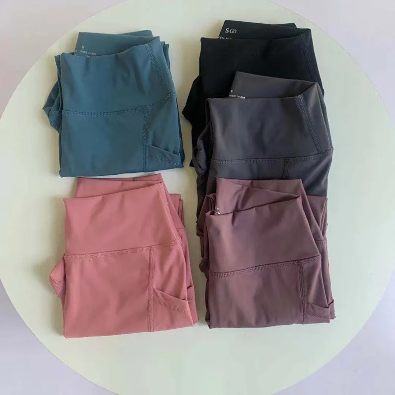 Ladies High Waist Elastic Workout Shorts, Naked Feeling, 5-Point Length, with Pockets, Cycling Gym Shorts
