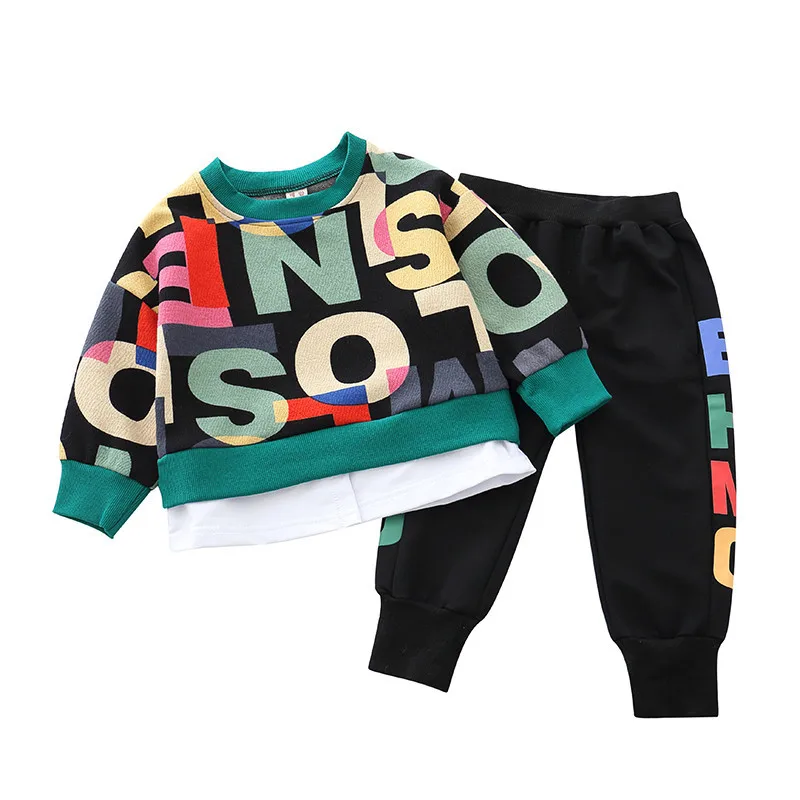 

Children's Clothes Autumn New Boys Suit Colourful Letters Fake Two Piece Sweatshirt and Sport Pants Two Pices Set