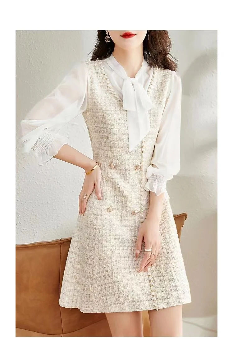 Spring Summer New Bow Slim Mini Casual Dress Women\'s Elegant Chiffon Long Sleeve Patchwork Double Breasted Decorate Dress