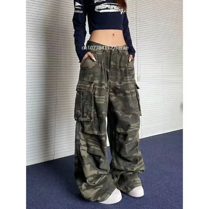 American Camouflage Street Dance Denim Workwear Pants for Spring and Autumn 2025 Retro Loose Wide Leg Slimming Casual Jeans