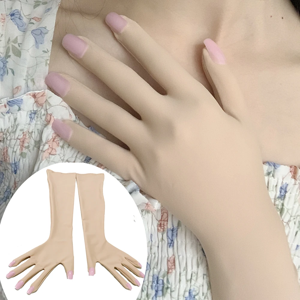 Luxury pink flesh colored spandex Zentai nail gloves men's role-playing Kigurumi high elasticity long gloves with nail costume