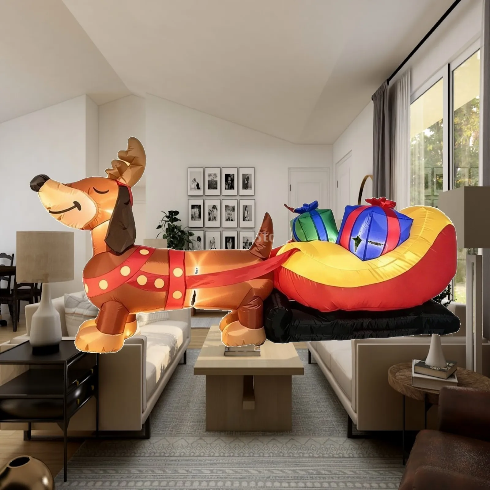Inflatable Dachshund with Sleigh 8 Ft Long Inflatable Christmas Yard Decoration Inflatable Dog with Gift Boxes Outdoor for Lawn