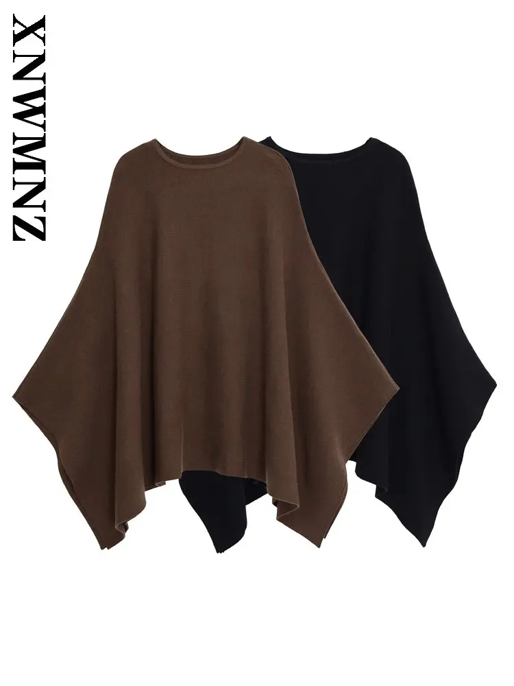 

XNWMNZ 2025 осенние новые женские винтажные пончо с длинными рукавами и круглым воротником, модные шикарные женские повседневные ветрозащитные свободные топы