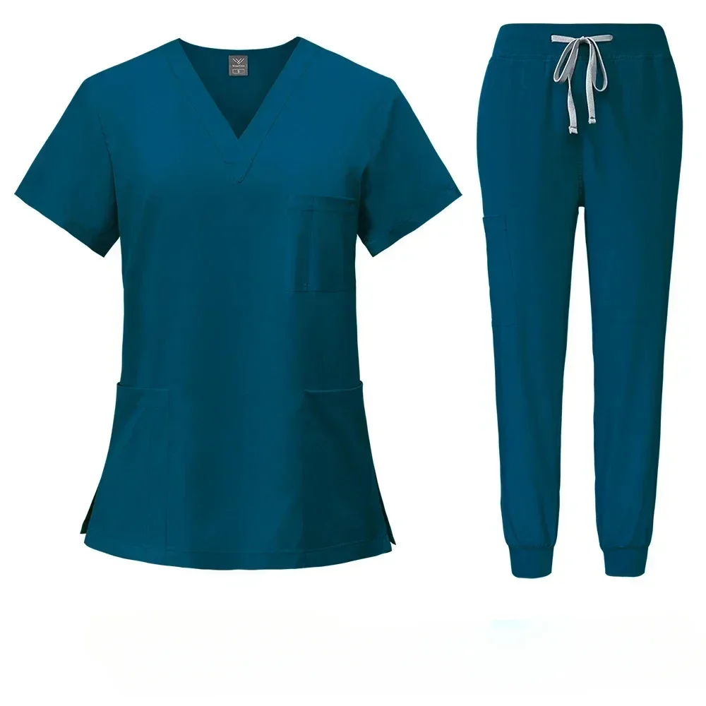 Aanpasbare LOGO Scrubs Uniform Pak Korte Mouw Tops + joggingbroek Set Verpleging Uniform Dierenarts Scrub Medische Werkkleding