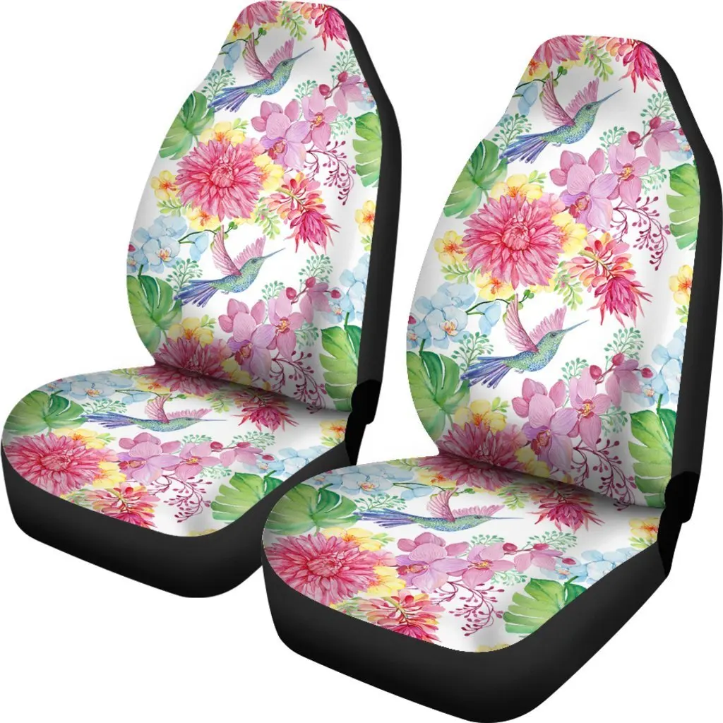 Hummingbird White Floral Drawing Seat Cover Car Seat Covers Set 2 Pc, Car Accessories Car Mats