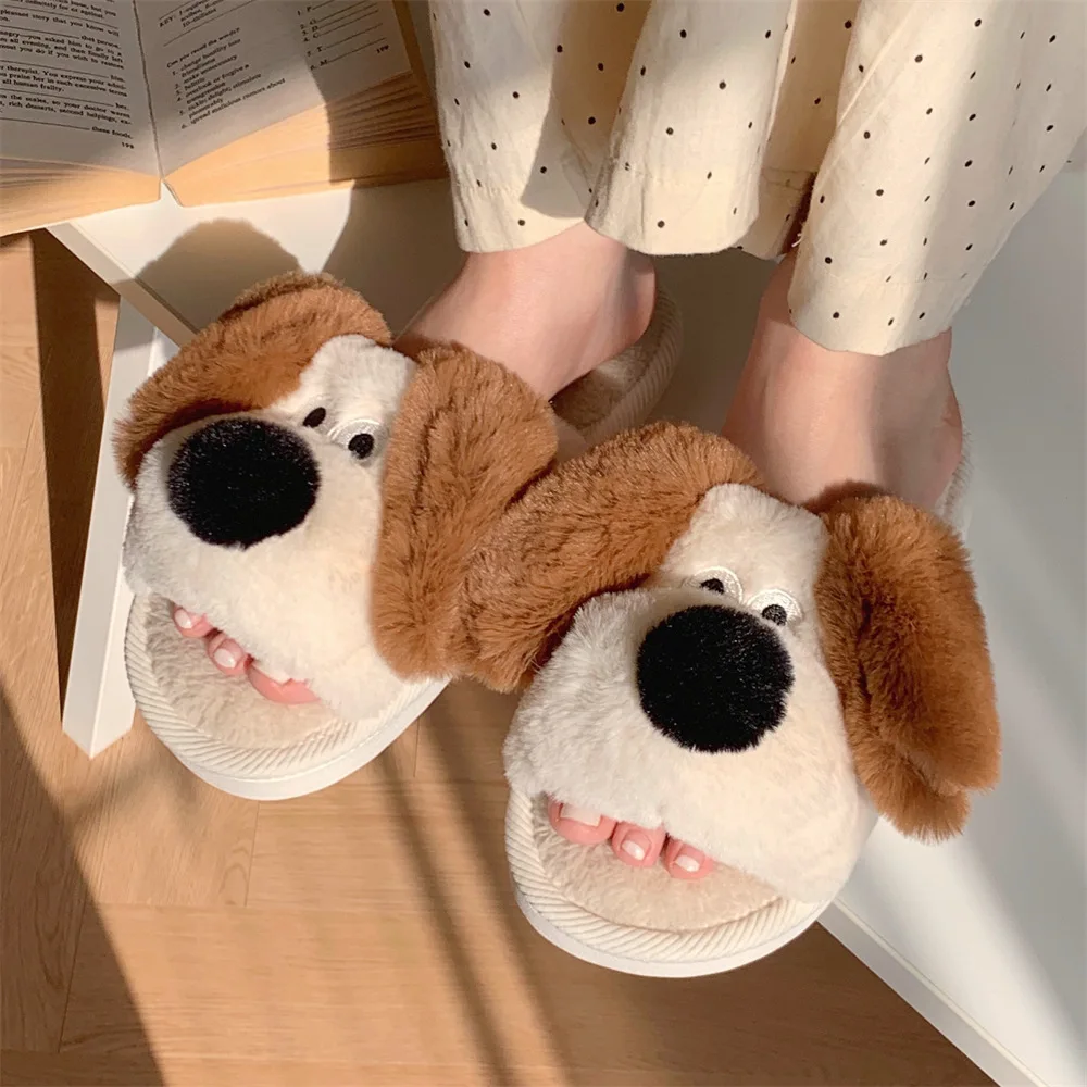 

2025 New Cute Cartoon Dog Fluffy Slippers For Women Men Faux Fur Warm Shoes Open Toe Anti-slip Couples Indoor Home Floor Slides