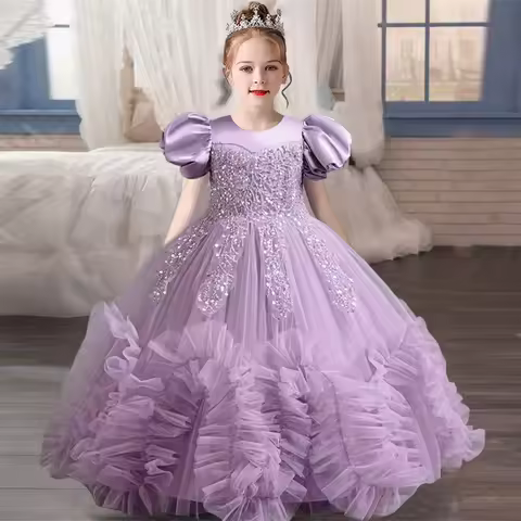 New Year Girl Lace Dress Girl's Birthday Party Ball Evening Dress Sleeveless Long Dress 4-12 Year Old Christmas Princess Dress